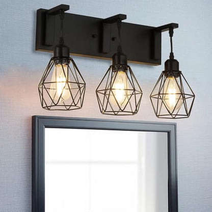 Somniferous Farmhouse Bathroom Light Fixtures, 3 Light Bathroom Vanity Lights Over Mirror, Black Vanity Light with Caged Metal Shade, Rustic Wall Sconce for Bedroom, Living Room, Hallway, E26 Socket - size: 3-Light
