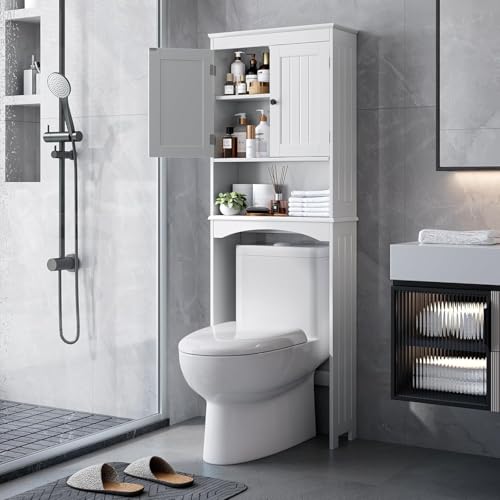 Bealife Over The Toilet Storage Cabinet with Open Shelf - White | Over Toilet Bathroom Organizer with Adjustable Shelf and Double Doors, Space Saver Free Standing Storage Shelf for Bathroom - color: White