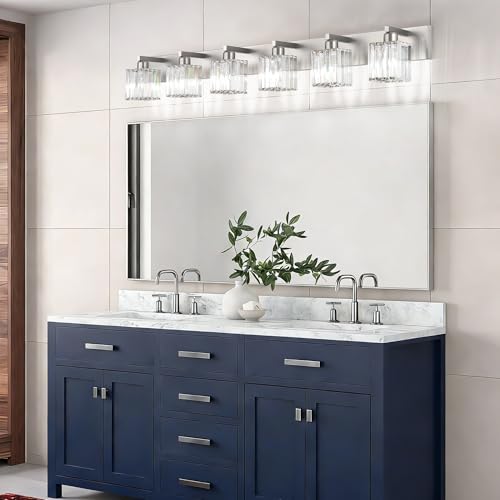 Aipsun Brushed Nickel Bathroom Light Fixtures 6 Light Vanity Lighting Fixture Crystal Modern Bathroom Vanity Light (Exclude Bulb) - color: Brushed Nickel, size: 49 inch