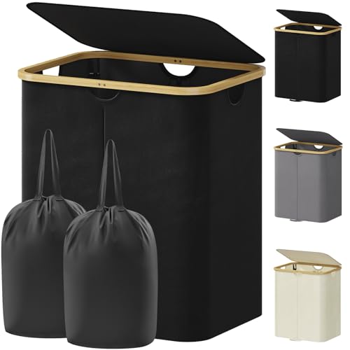 Lifewit 120L Double Laundry Hamper with Lid, Large Laundry Basket with Removable Bag & Bamboo Handles, Fodable Tall Dirty Clothes Hamper for Laundry Collapsible Bin for Bathroom Bedroom Dorm, Black - color: Black, size: 120L