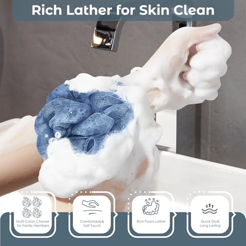 Rnoafmu Shower Loofah Bath Sponge 4 Pack (Blue Gray Green Dark Green) | 60G Luffa Exfoliating Body Scrubber, Mesh Shower Pouf Balls for Men and Women, Rich Lather with Body Wash - color: Blue Gray Green Dark Green