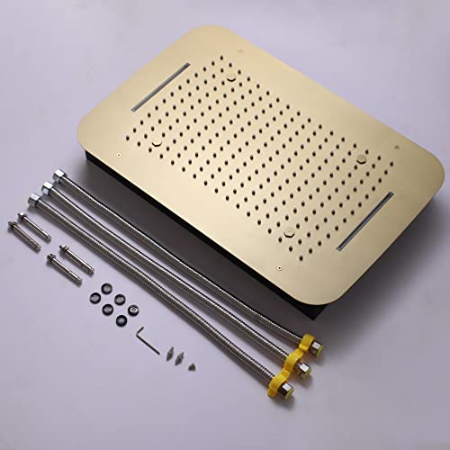 Brushed Gold Shower System with 16 X 24inch Large Triple Function Rain Waterfall Mist Shower Head, Ceiling Shower Faucet Fixtures Set with Thermostatic Shower Valve and 6PCS Shower Body Jets - color: Brushed Gold
