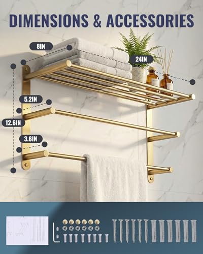 24 Inch Towel Racks for Bathroom: Brushed Gold Towel Rack with Double Towel Bar Wall Mounted - SUS304 Stainless Steel Bath Towel Holder with Shelf for Hotel Lavatory - color: Brushed Gold
