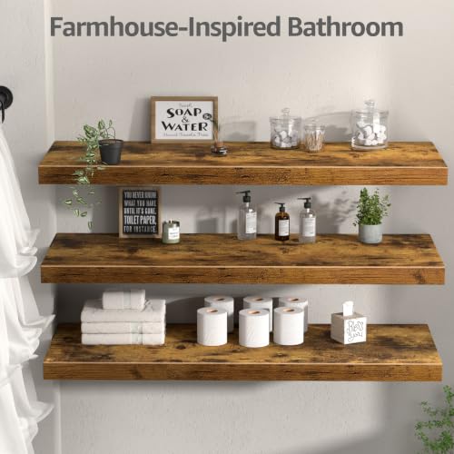 QEEIG 12" Deep Floating Shelves for Wall - 12 x 36 inch Book Shelf Bathroom Bedroom Kitchen Living Room Hanging Bookshelf Farmhouse Set of 3, Brown (026-90BN3) - color: A. Brown, size: 35.4" x 12"