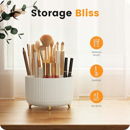 A-LuGei 【Elegant White】 5.9" Makeup Brush Holder Organizer, 【360° Rotating】 6 Slot Makeup Organizer Countertop, 【Minimalist Chic】 Vanity Organzier, Pen Holder for Desk Office Bathroom Desktop