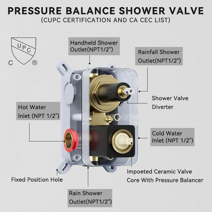 Shower System Shower Faucet Set, STARBATH 12"+6" Ceiling Mount Rain Shower Head and Handheld Spray for Two Person, Rainfall Shower System with Diverter Valve and Trim Kit Complete，Matte Black - color: Matte Black, size: 12"+6"-2