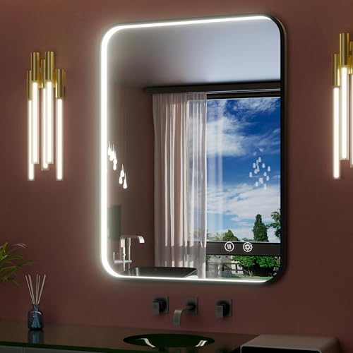28"x36" Black LED Bathroom Mirror with Lights, 3000K/4500K/6000K | Stepless Dimmable, Memory, Anti-Fog,Aluminum Frame Wall Mounted Lighted Bathroom Vanity Mirror, ETL Listed, IP54 Waterproof - color: Black, size: 28"L x 36"W