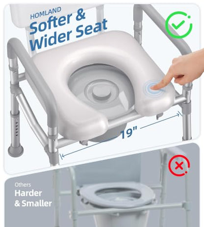 HOMLAND Bedside Commode Toilet, Padded Seat & Backrest, Enhanced Crossbar | Aluminum Potty Chair, Height Adjustable, Removable Bucket, Tool-Free Assembly, 350lb Portable Toilet for Adults & Seniors