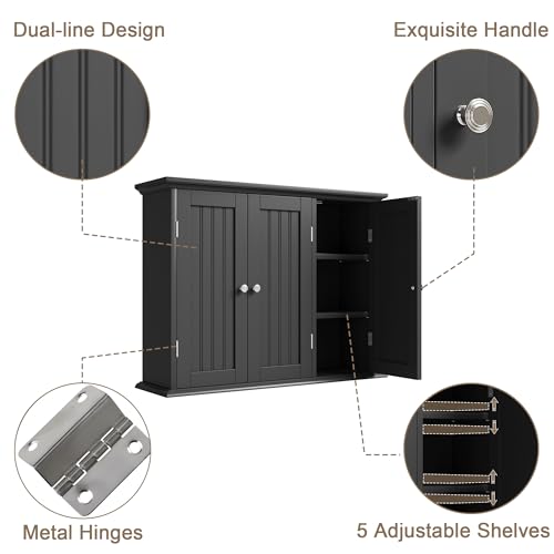 ChooChoo Laundry Cabinet with 3 Doors and Adjustable Shelves | 9.06"D x 31.1"W x 24"H, Bathroom Wall Cabinet, Cupboard, Black - color: Black, size: 9.06"D x 31.1"W x 23.4"H
