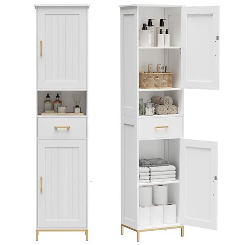 Homhedy 67" H Bathroom Storage Cabinet, Tall Bathroom Cabinet, White | Narrow Cabinet with Doors and Drawer, Adjustable Shelves, Floor Cabinet for Bathroom, Living Room, Kitchen, Dining Room - color: White