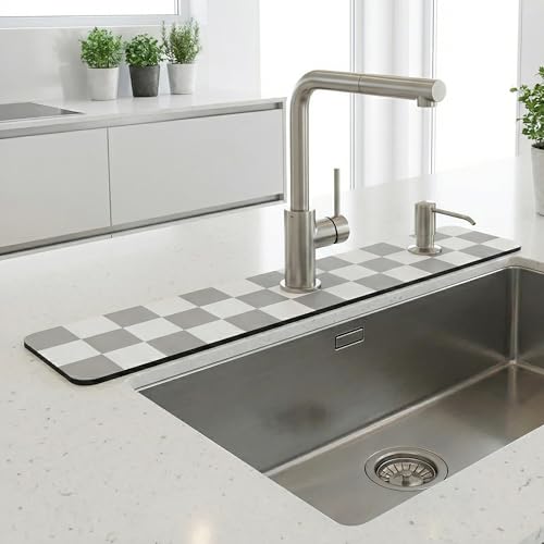 Cuttable Faucet Mat for Kitchen Sink: 30"Lx5.5"W DIY to Fit Irregular Sink with 2 & 3 Holes or Soap Dispenser - Customizable Checkered Absorbent Sink Splash Guard & Bathroom Counter Protector - size: 6" x 2'6"