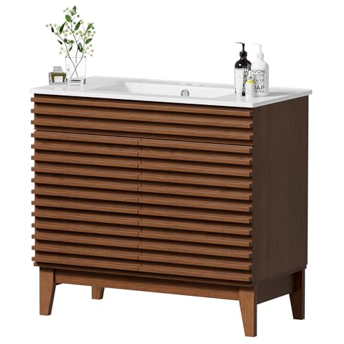 APRILSOUL 36" Bathroom Vanity with Ceramic Sink, Mid-Century Bathroom Vanity Cabinet with 2 Soft Closing Doors, Freestanding Bathroom Cabinet, Particleboard Frame with Wood Grain Laminate, Walnut - color: Walnut/ White Sink, size: 36 Inch