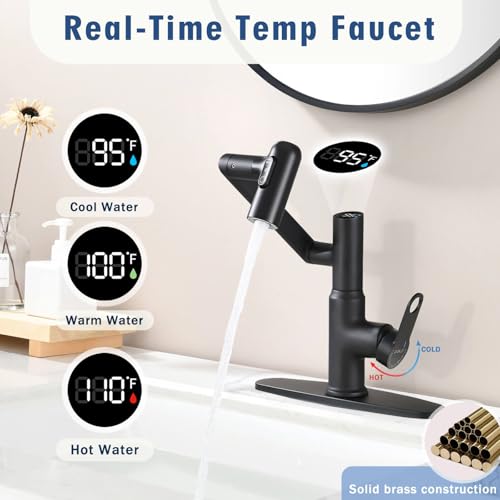 CHOMELY Single Hole Rotatable Bathroom Faucet with Temperature Display in Fahrenheit (Batteries-Free) 3 Water Modes 360 Degree Rotating Sink Faucet, Matte Black - color: Black