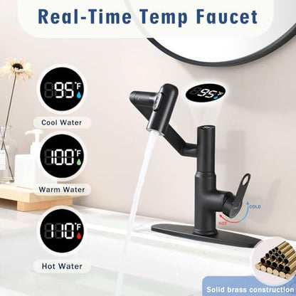 CHOMELY Single Hole Rotatable Bathroom Faucet with Temperature Display in Fahrenheit (Batteries-Free) 3 Water Modes 360 Degree Rotating Sink Faucet, Matte Black - color: Black