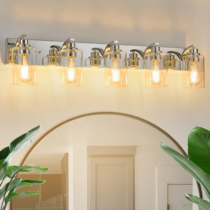 5-Light Bathroom Light Fixtures Modern Chrome Vanity Lights | Easy to Install Clear Glass Shades, Wall Mount Up or Down, E26 Socket, Hardwired, 128V - color: Chrome, size: 5 Lights