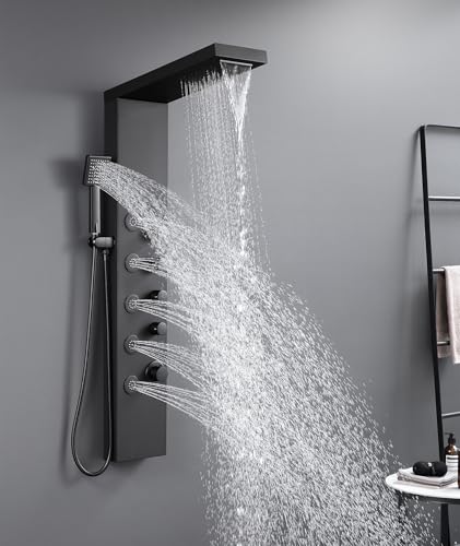 ROVATE 4-in-1 Rainfall Waterfall Shower Panel Tower System, Matte Black | Shower Column with Body Massage Jets and Handheld, Stainless Steel High Pressure, Use Multiple Functions Simultaneously - color: Matte Black