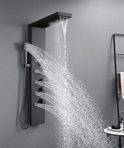 ROVATE 4-in-1 Rainfall Waterfall Shower Panel Tower System, Matte Black | Shower Column with Body Massage Jets and Handheld, Stainless Steel High Pressure, Use Multiple Functions Simultaneously - color: Matte Black