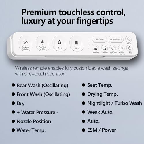 WLJBIDET Electric Heated Bidet Toilet Seat with Remote Control, Adjustable Warm Water & Pressure, Air Drying, Self-Cleaning Nozzle, Oscillating Cleaning, Display Screen, Slow Closed Lid - Round