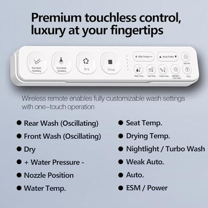 WLJBIDET Electric Heated Bidet Toilet Seat with Remote Control, Adjustable Warm Water & Pressure, Air Drying, Self-Cleaning Nozzle, Oscillating Cleaning, Display Screen, Slow Closed Lid - Round