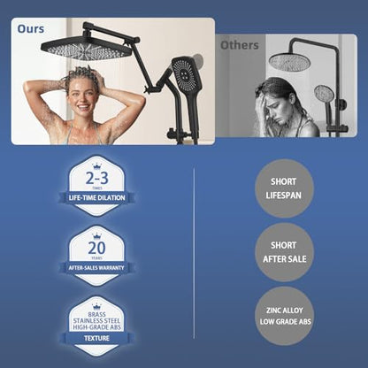 12" High Pressure Rain/Rainfall Shower Heads With Handheld Spray Combo (3+1 Settings & Built-in Power Wash Mode), Double/Dual Shower Head With Handheld - Height/Angle Adjustable(Matte Black) - color: Matte Black, size: 12 Inch