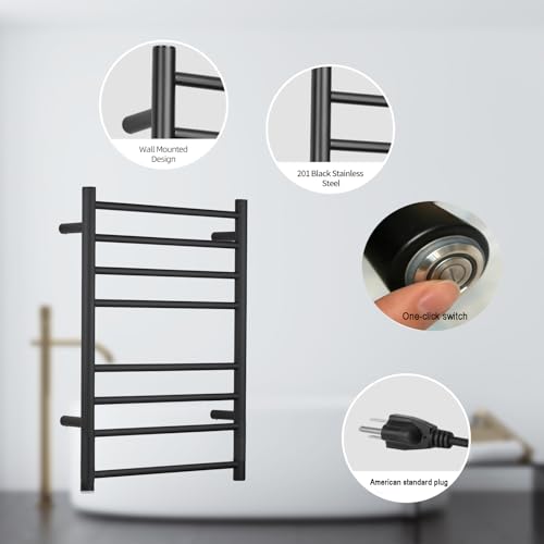 (1 Pack Yariwiz) Electric Towel Warmer for Bathroom Wall Mounted Drying Rack Plug-in Electric Heated Towel Rack Stainless Steel Round 8 Bars Bath Towel Heater Black - size: Size 2