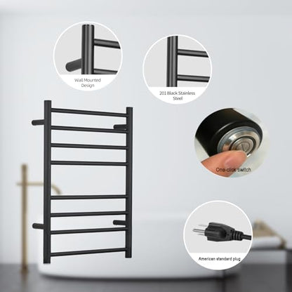 (1 Pack Yariwiz) Electric Towel Warmer for Bathroom Wall Mounted Drying Rack Plug-in Electric Heated Towel Rack Stainless Steel Round 8 Bars Bath Towel Heater Black - size: Size 2