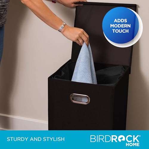 BIRDROCK HOME Single Laundry Hamper with Lid and Removable Liner | Linen | Easily Transport Laundry | Foldable Hamper | Cut Out Handles - color: Black, style: Single