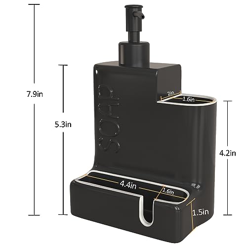 Soap Dispenser with Sponge Holder and Brush Holder, Ceramic Dish Soap Dispenser Pump, 3 in 1 Liquid Hand Soap Organizer with Funnel for Kitchen Sink Countertop, Matte Black