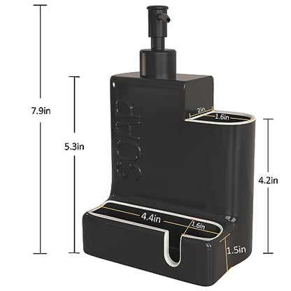 Soap Dispenser with Sponge Holder and Brush Holder, Ceramic Dish Soap Dispenser Pump, 3 in 1 Liquid Hand Soap Organizer with Funnel for Kitchen Sink Countertop, Matte Black