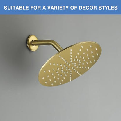 Solid Metal Rain Shower Head, Round High Flow Rainfall Shower Head with Shower Arm and Flange, Reinforced Explosion-Proof Stainless Steel Construction (10-Inch, Brushed Gold) - color: Brushed Gold, size: 10 Inch