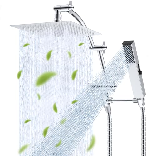 Hibbent All Metal CUPC Certified 8'' Rainfall Shower Head, Dual Shower Head Combo with 4 Handheld Sprays, High Pressure Shower Wand, 16'' Adjustable Extension Arm, 71'' Hose, Shower Holder, Chrome - color: Chrome, style: Square 8''