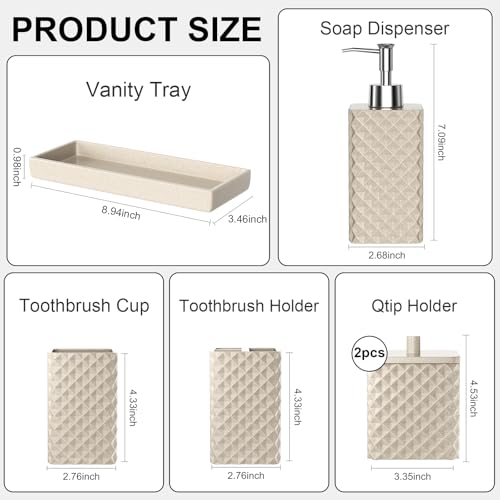 Bathroom Accessories Set Resin 6PCS, Square Toothbrush Holders Set Complete with Soap Dispenser, Vanity Tray, Tumbler, Cups and Cotton Swab Jars (Beige Diamond, Resin Bath 6 PCS) - color: Beige Diamond