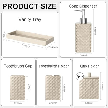 Bathroom Accessories Set Resin 6PCS, Square Toothbrush Holders Set Complete with Soap Dispenser, Vanity Tray, Tumbler, Cups and Cotton Swab Jars (Beige Diamond, Resin Bath 6 PCS) - color: Beige Diamond