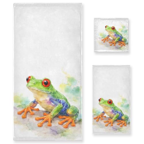 ALAZA Towel Bathroom Sets, Watercolor Red Eyed Green Frog Towels 3-Piece 1 Bath Towel 1 Washcloth 1 Hand Towel, Bath Towel Set of 3 Soft Multifuntion for Home Kitchen Hotel Gym Swim Spa - color: Multi03