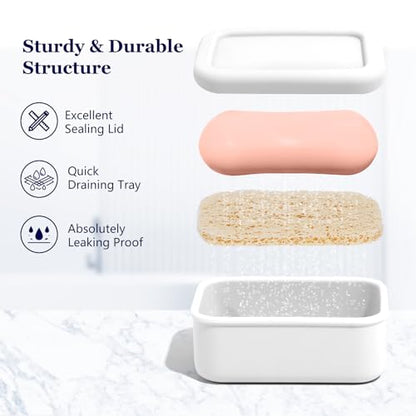 HighHerz Leak Proof Silicone Travel Soap Case with Draining Tray - Bar Soap Holder for Travel, Gym & Camping - Mess-Free Portable Soap Container for Carry-on Bags (White) - color: White