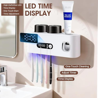 Toothbrush Holder with UV Sanitizer and Toothpaste Dispenser, Timer Display with Wall Mounted Smart Toothbrush Organizer for Bathroom, with 2 Cups and Automatic Sterilization Function, White