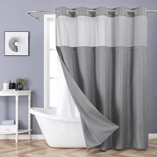 eachope Grey No Hook Shower Curtain with Snap-in Fabric Liner Set,Slub Textured Fabric Shower Curtains for Bathroom,Hotel Style Modern Shower Curtain,Water Repellent & Washable,71x74(72) | Hotel Style Fabric with See-Through Top Window, Water Repellent &