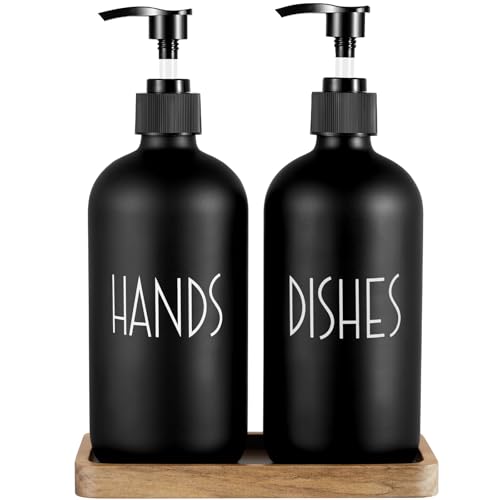 ALELION Black Dish Soap Dispenser Set for Kitchen - 16 OZ Hand Soap Dispenser with Pump and Acacia Wood Tray - for Black Kitchen Decor and Accessories - color: Black