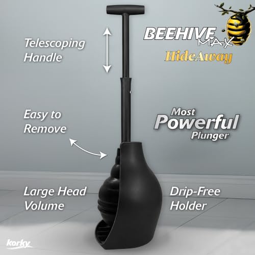 Korky Black BeehiveMAX Hideaway Heavy Duty Toilet Plunger with Holder in Black - color: Black