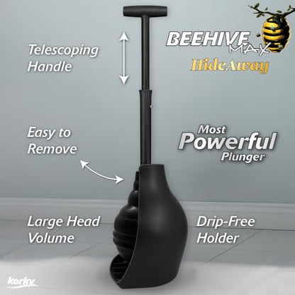 Korky Black BeehiveMAX Hideaway Heavy Duty Toilet Plunger with Holder in Black - color: Black