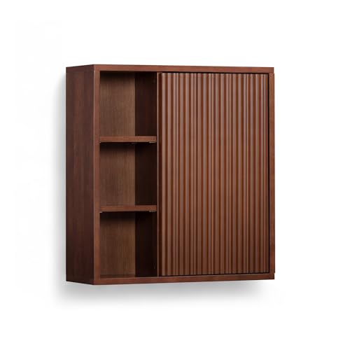 Teamson Home 22″ Wide Bathroom Wall Cabinet with Open Compartments & 1 Door with Fixed Interior Shelf, Wall Mounted Medicine Cabinet with Wooden Bracket for Mounting, Natural Fluted Finish in Walnut | Open Compartments, 1 Door with Fixed Interior Shelf, W