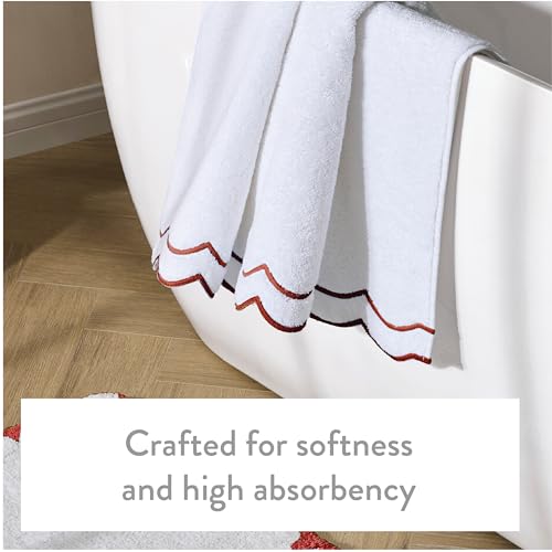 Peri Home 2 Piece Cotton Bath Towel Set, Embroidered, White, Red Scallop - color: White With Chili Red Scallop, size: 2 Bath Towel