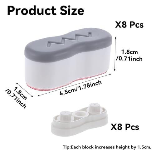 8Pcs Bidet Height-increasing Pads Toilet Seat Risers Toilet Lid Rubber Bumpers with 2 Heights Adjustment Grey & Clear Self Adhesive Universal Bidet Bumpers Replacement Bumpers for Toilet Seat