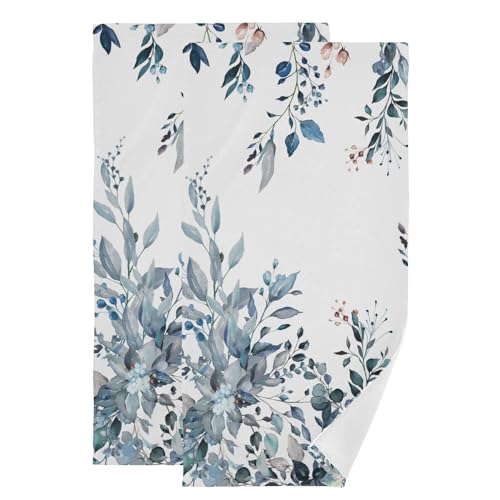 Blue Eucalyptus Leaf Hand Towels for Bathroom 2 Pack,Microfiber Soft Absorbent Watercolor Leaves Plant Floral Fingertip Kitchen Towels,Decorative Bathroom Towels for Face,Guest,Bath 14"x28" - color: Blue Leave