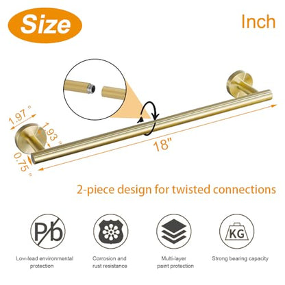 TocTen Bath Towel Bar - Thicken SUS304 Stainless Steel Bathroom Towel Holder, Towel Rod for Bathroom Heavy Duty Wall Mounted Towel Rack Hanger (18IN, Brushed Gold) - color: Gold, size: 18IN