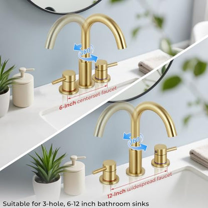 Bathroom Faucet 3 Hole Brushed Gold, 2-Handle Widespread Faucet | Lead-free stainless steel, pop-up drain, Detachable faucet aerator, 360°swivel, for RV & vanity sink 3-hole mount - color: 1-Brushed Gold, style: 8 Inch Widespread