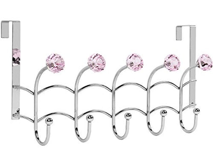 Over the Door Hooks Rack Pink Acrylic Hanger | Decorative, Girls Room, Stainless Steel Organizer, Purse Door Hanger Towel Rack (10 Hooks)