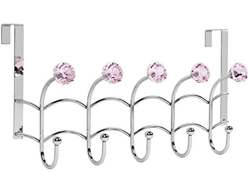Over the Door Hooks Rack Pink Acrylic Hanger | Decorative, Girls Room, Stainless Steel Organizer, Purse Door Hanger Towel Rack (10 Hooks)