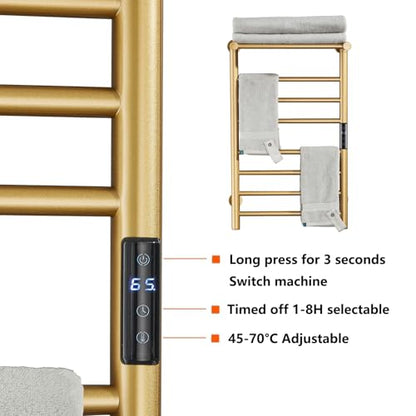 Gold Heated Towel Warmer Rack, Electric Heated Towel Drying Rack for Bathroom Radiator 70W, 7 Bar Wall Mounted Heated Towel Rail with Top Shelf Stainless steel Towel Warmer, 72*45*25Cm(Plug In)