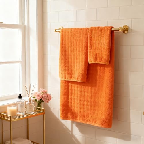 COZYART Lint Free 8 Pcs Bathroom Towels Set Ultra Soft Microfiber Orange | Ultra Fluffy, Thick, Highly Absorbent, Fast Dry, No Shedding, No Pilling, Fade Resistant, Durable, Long-lasting - color: Orange